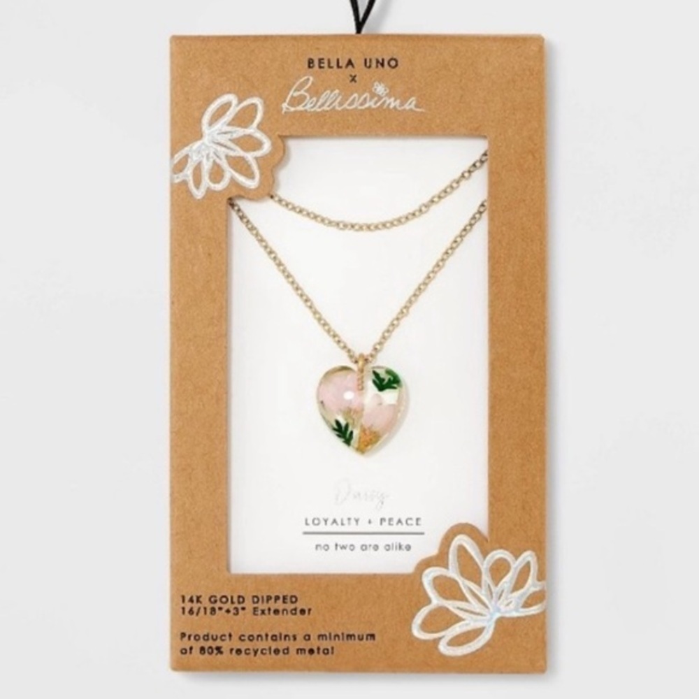 Bella Uno Bellissima Pressed Flower Daisy Petal Heart Multi-Strand Necklace New